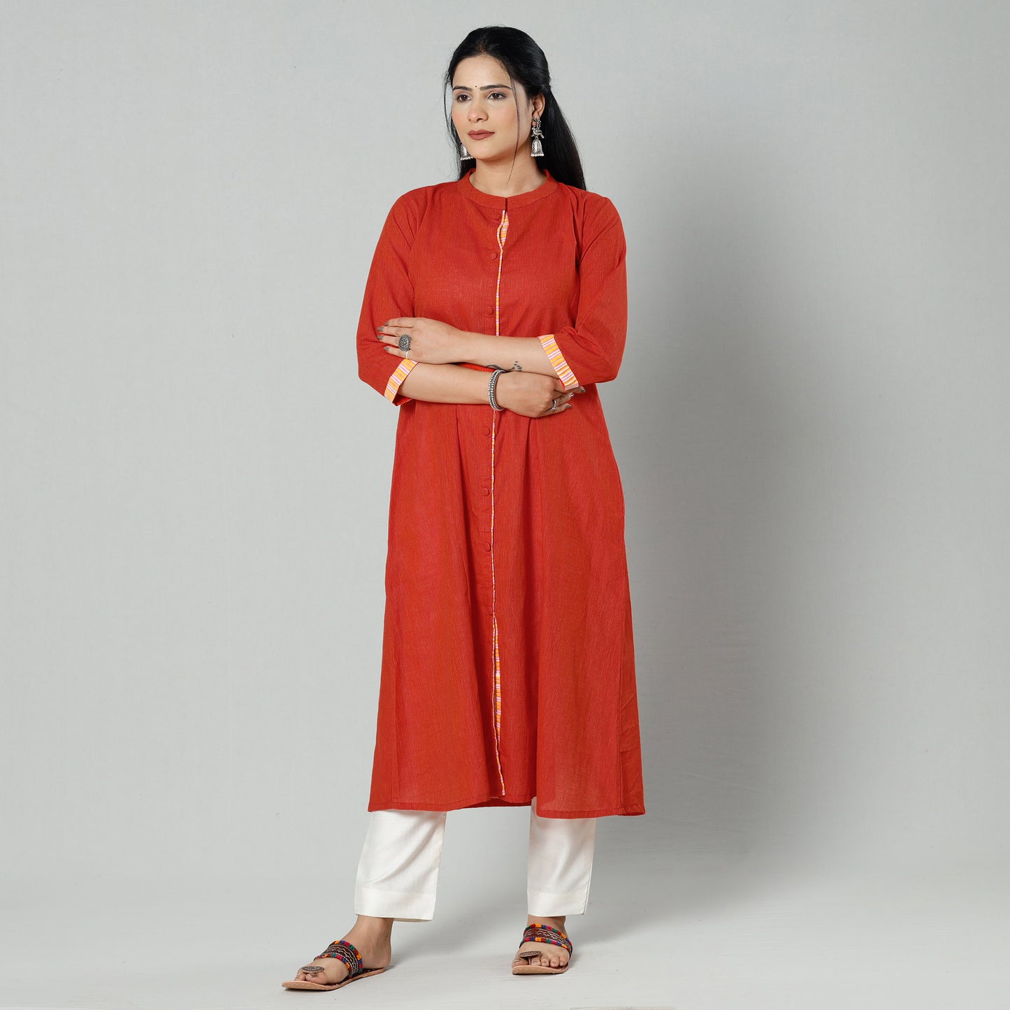 Red - Vermilion Plain Cotton Long Kurta