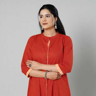 Red - Vermilion Plain Cotton Long Kurta