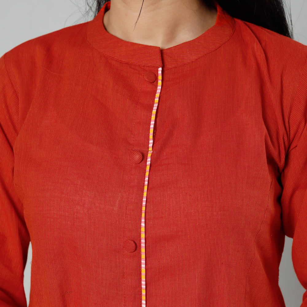 Red - Vermilion Plain Cotton Long Kurta