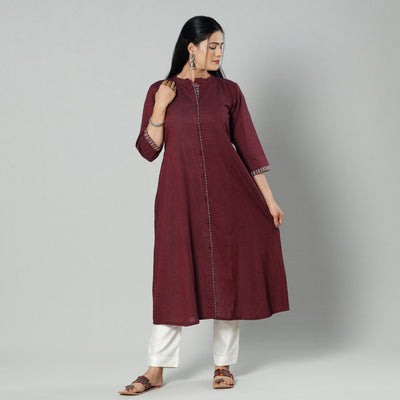Dark Maroon Plain Cotton Long Kurta