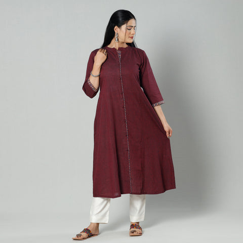 Dark Maroon Plain Cotton Long Kurta