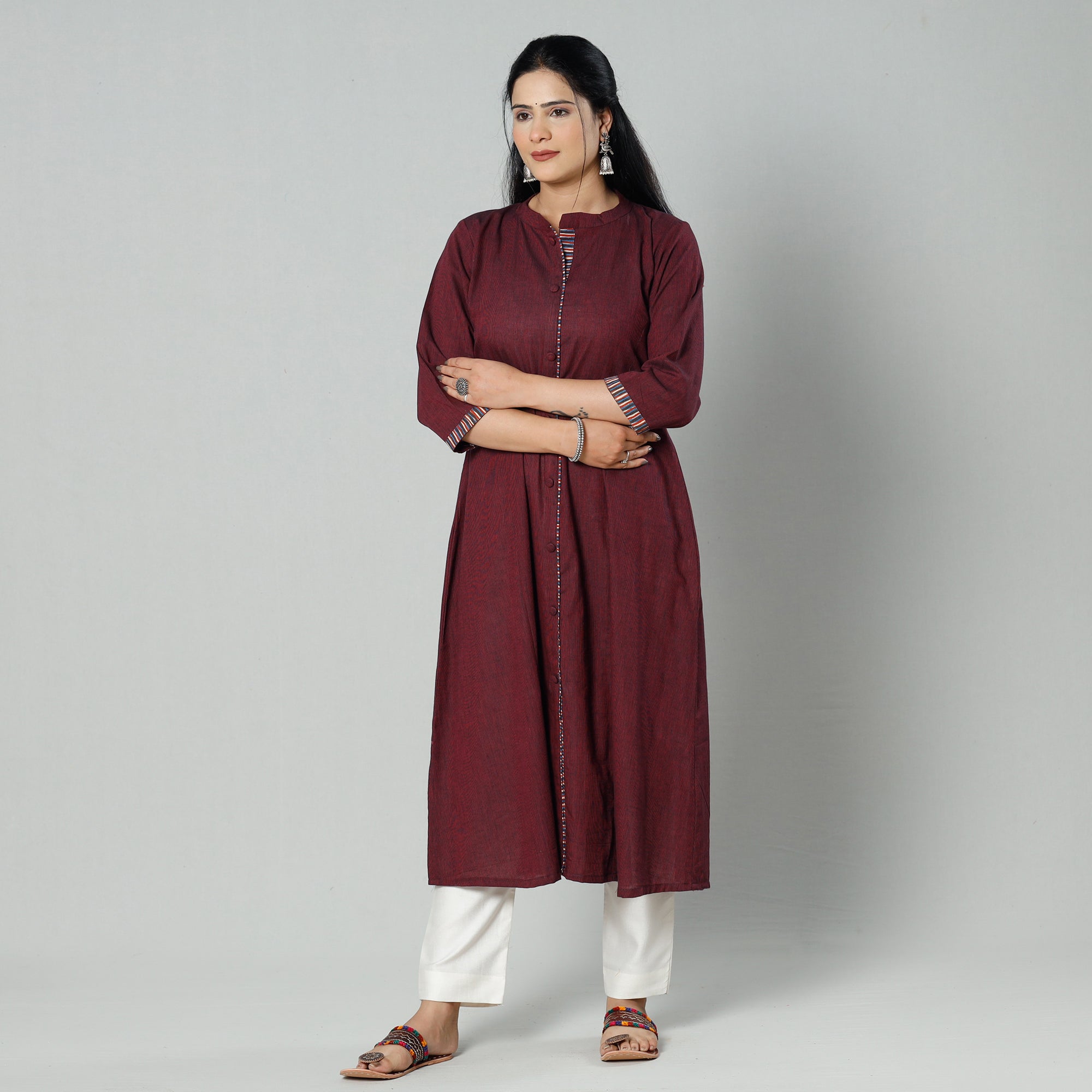 Dark Maroon Plain Cotton Long Kurta