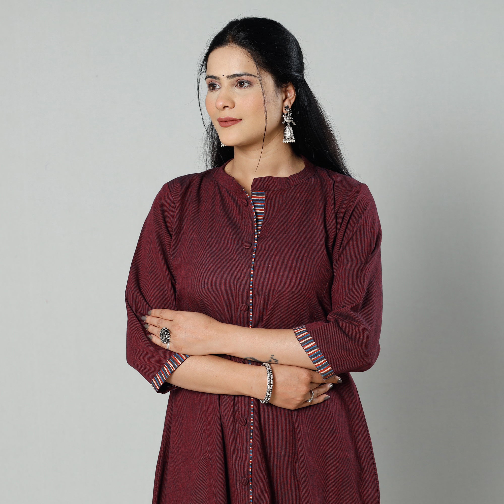 Dark Maroon Plain Cotton Long Kurta