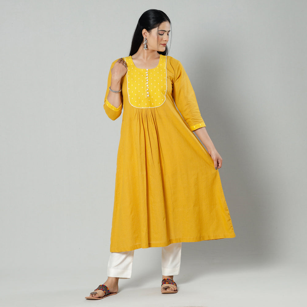 Yellow - Plain Cotton A-Line Long Kurta