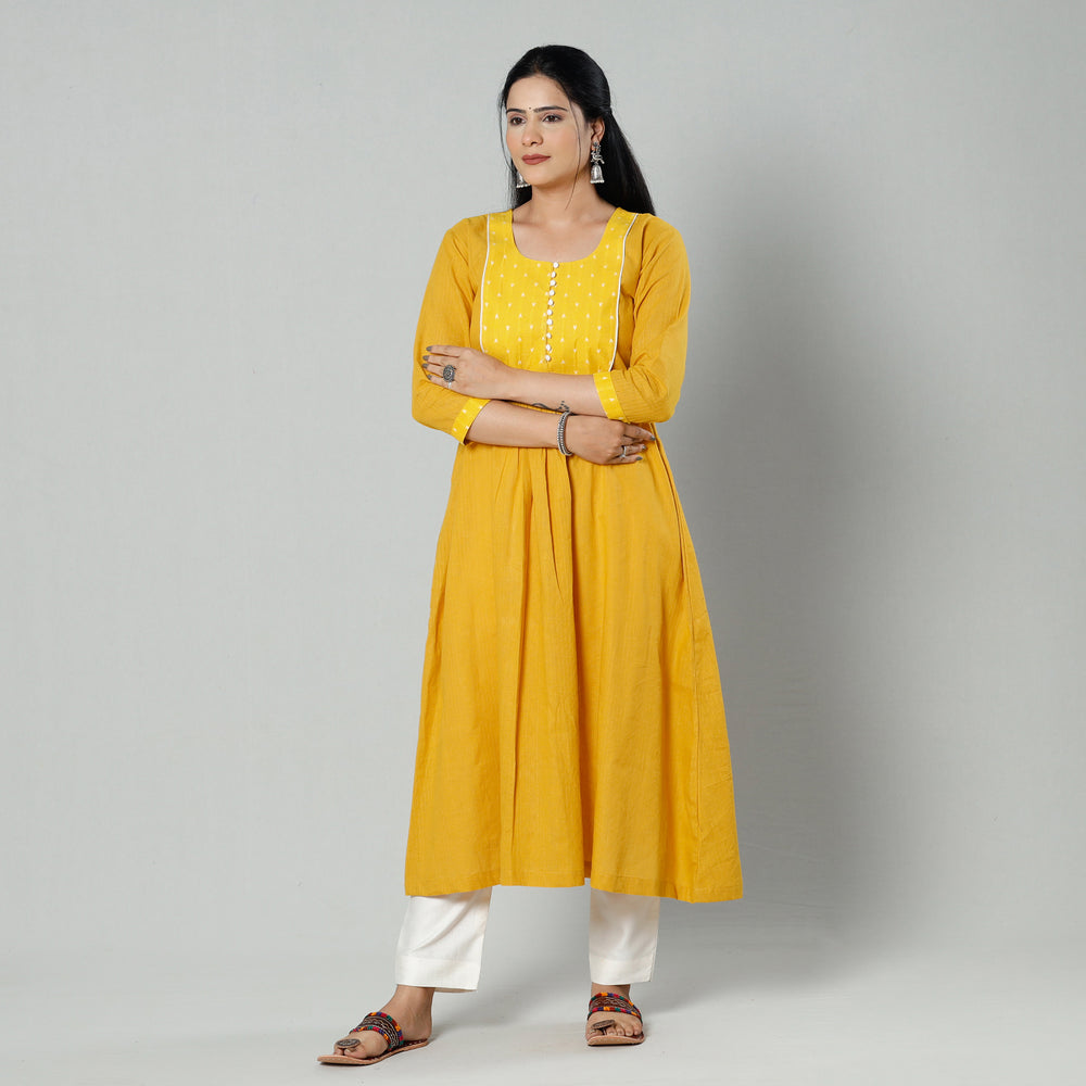 Yellow - Plain Cotton A-Line Long Kurta