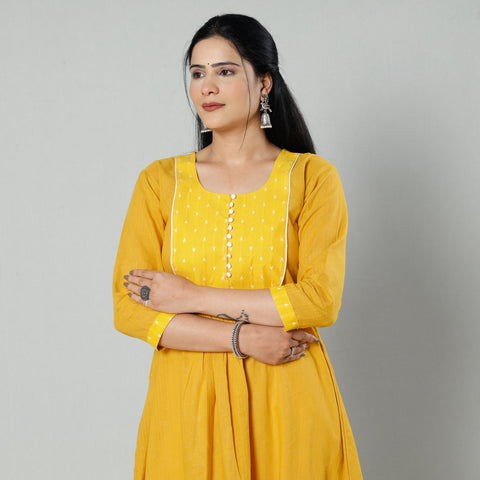 Yellow - Plain Cotton A-Line Long Kurta