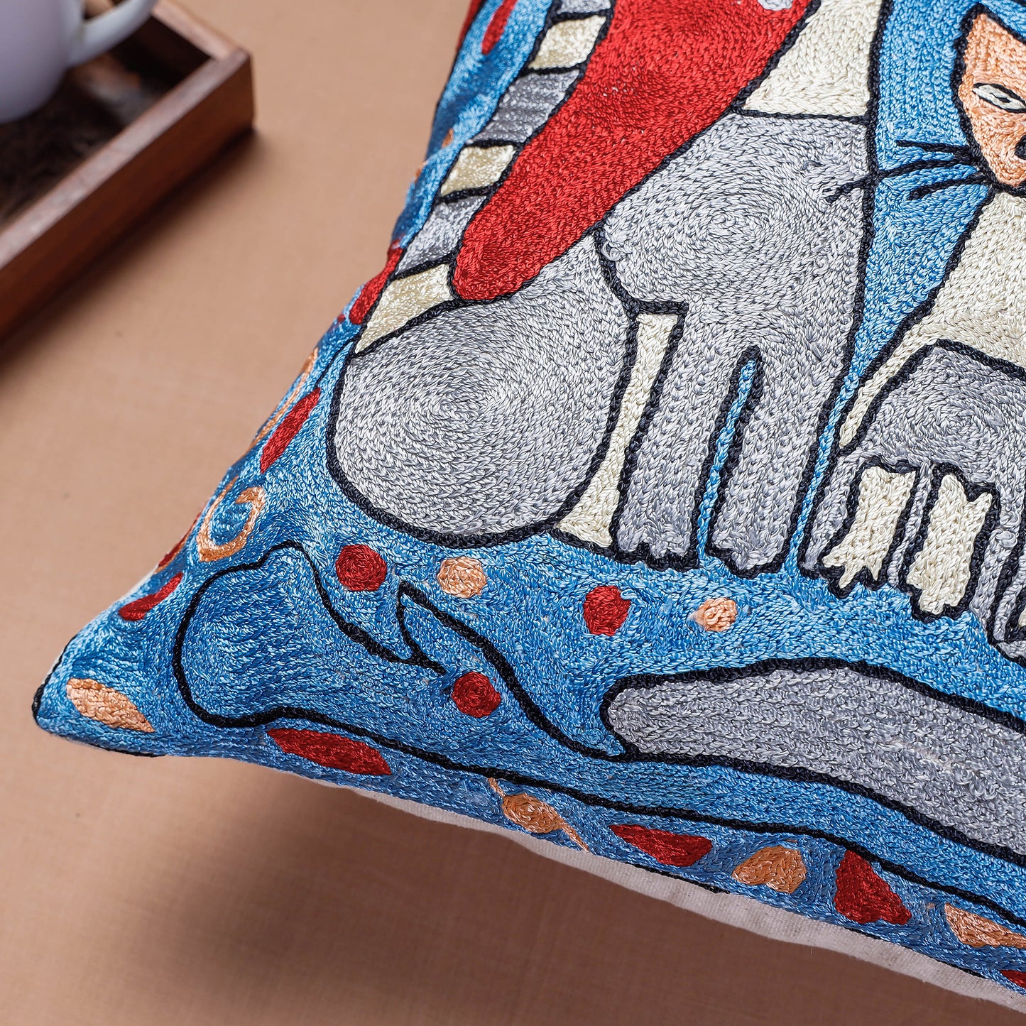 Blue - Original Chain Stitch Crewel Thread Hand Embroidery Silk Cushion Cover (15 x 15 in)