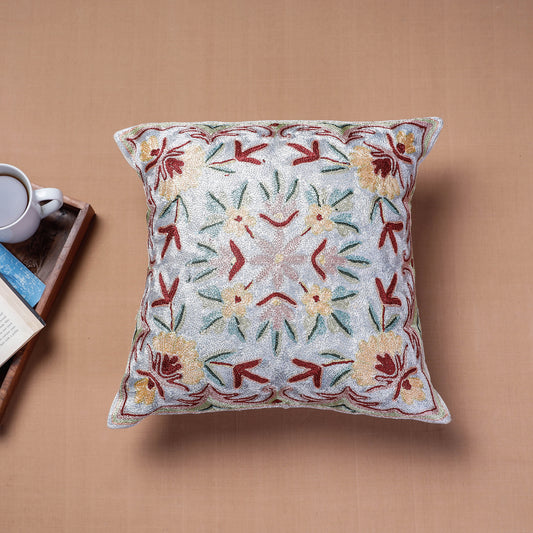 Grey - Original Chain Stitch Crewel Thread Hand Embroidery Silk Cushion Cover (15 x 15 in)