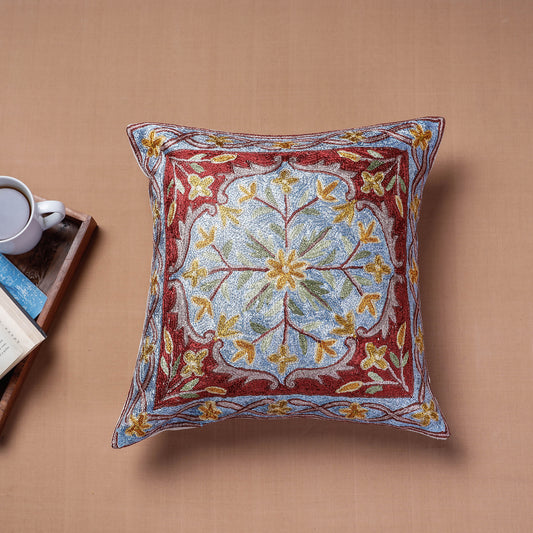 Maroon - Original Chain Stitch Crewel Thread Hand Embroidery Silk Cushion Cover (15 x 15 in)