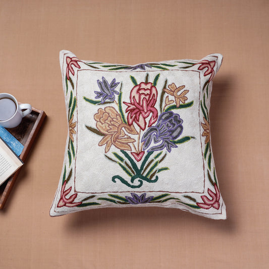 White - Original Chain Stitch Crewel Wool Thread Hand Embroidery Cushion Cover (17 x 17 in)