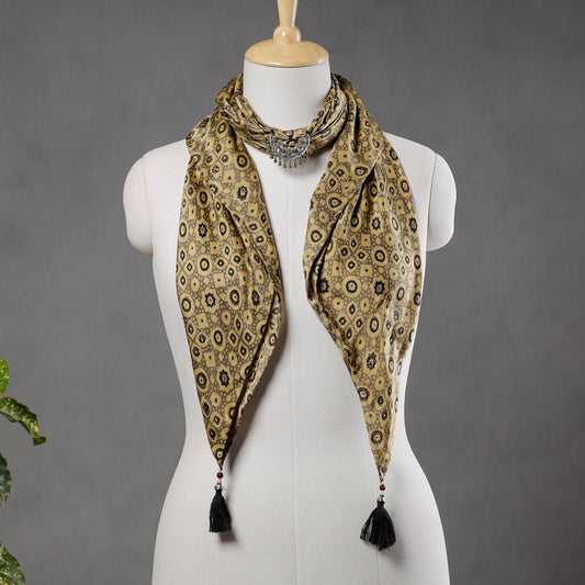 Brown - Modal Silk Ajrakh Block Printing Pendant Necklace Scarf