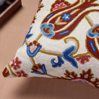 White - Original Chain Stitch Crewel Wool Thread Hand Embroidery Cushion Cover (17 x 17 in)