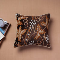 Brown - Original Chain Stitch Crewel Thread Hand Embroidery Velvet Cushion Cover (16 x 16 in)