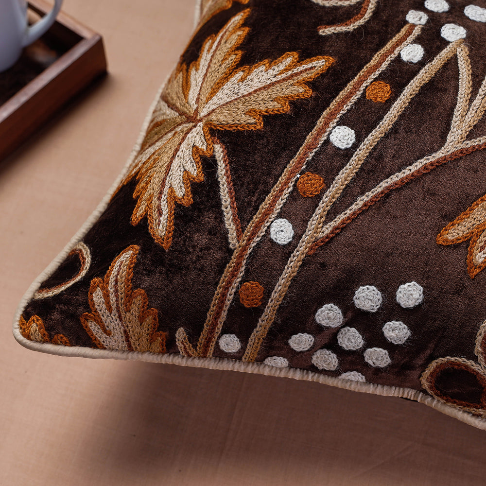 Brown - Original Chain Stitch Crewel Thread Hand Embroidery Velvet Cushion Cover (16 x 16 in)