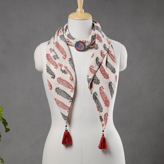 White - Modal Silk Bagh Block Printing Pendant Necklace Scarf