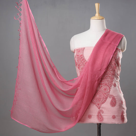 Pink - 2pc Chikankari Mukaish Hand Embroidered Kota Doria Suit Material Set