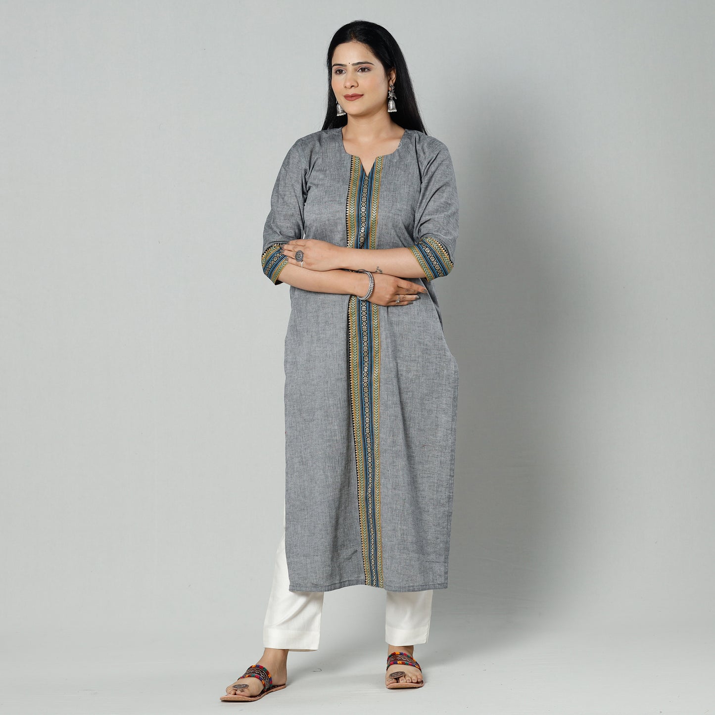 Grey dharwad cotton long kurti - handcrafted