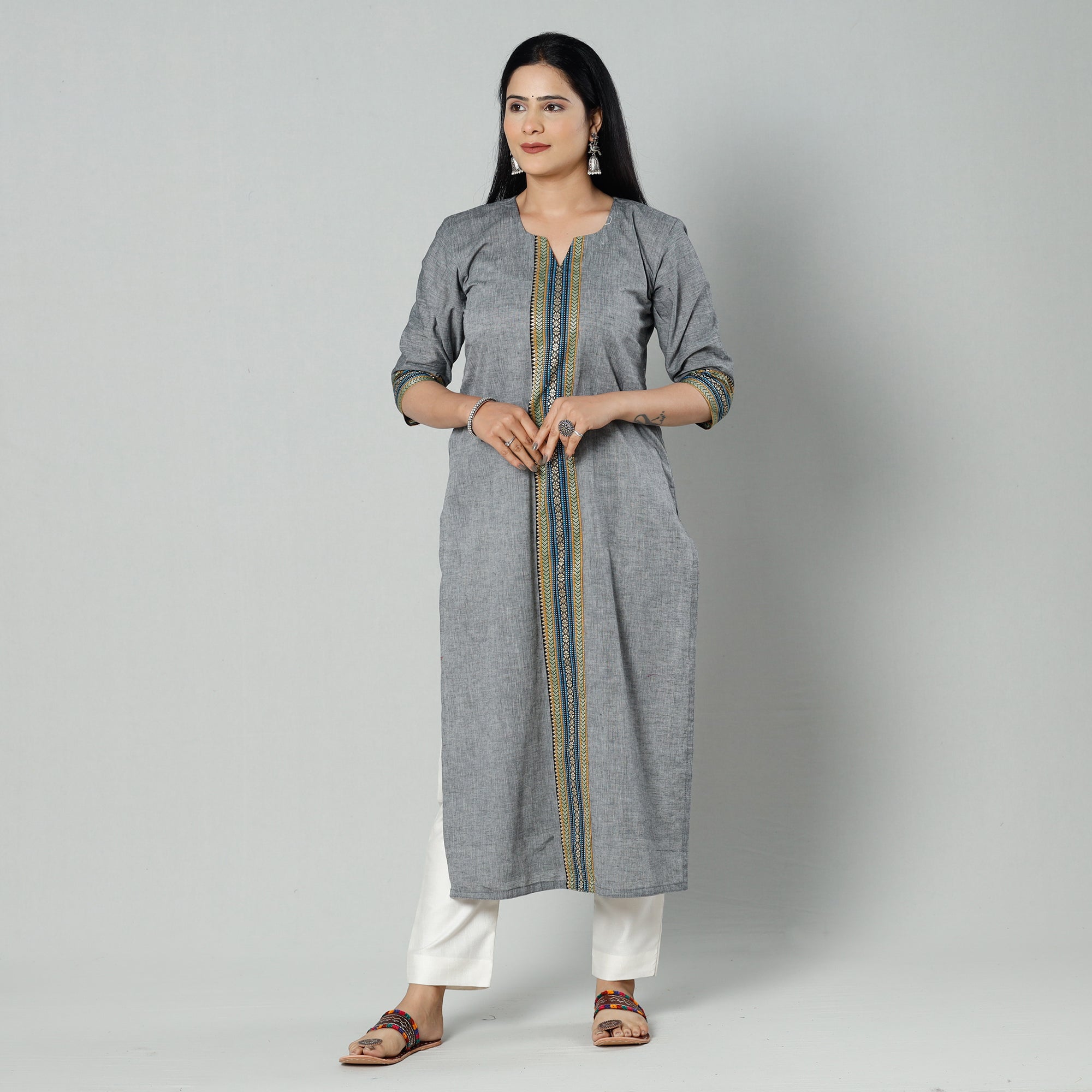 Grey dharwad cotton long kurti - handcrafted