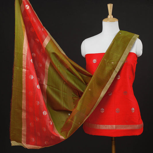 Red - 2pc Handloom Chanderi Silk Zari Buti Suit Material Set