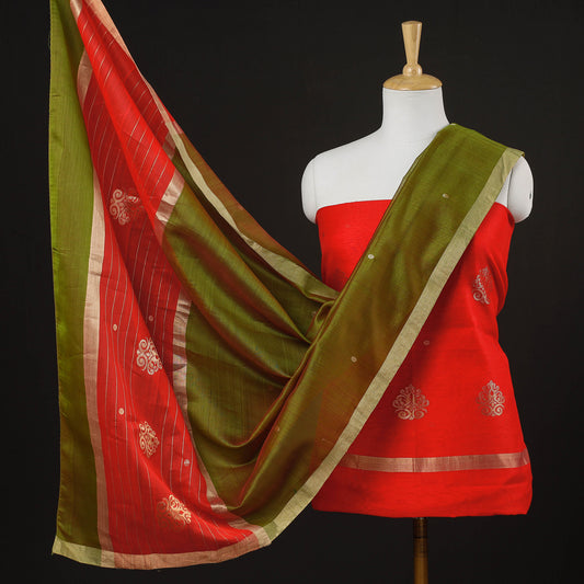 Red - 2pc Handloom Chanderi Silk Zari Buti Suit Material Set