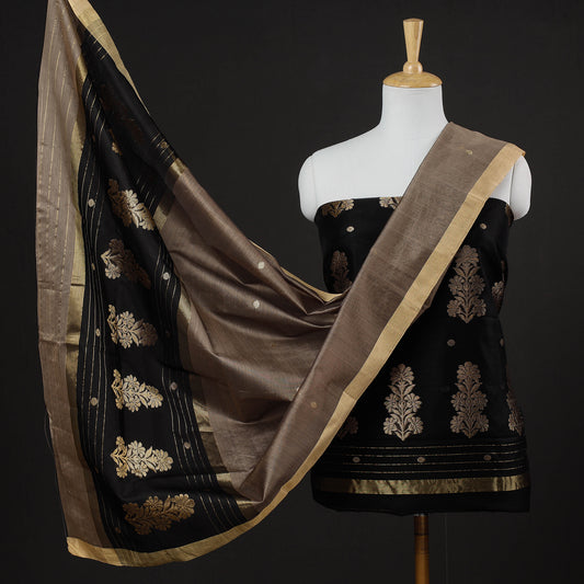 Black - 2pc Handloom Chanderi Silk Zari Buti Suit Material Set