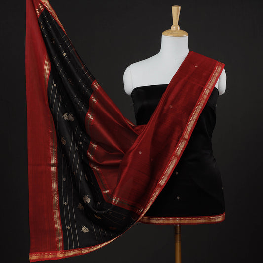 Black - 3pc Handloom Chanderi Silk Zari Buti Suit Material Set