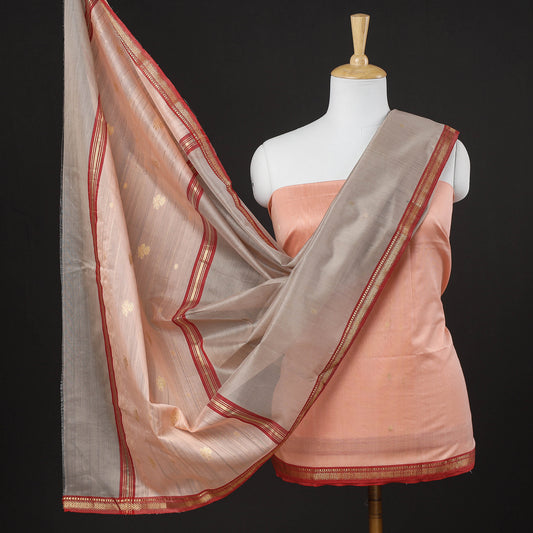 Peach - 2pc Handloom Chanderi Silk Zari Buti Suit Material Set