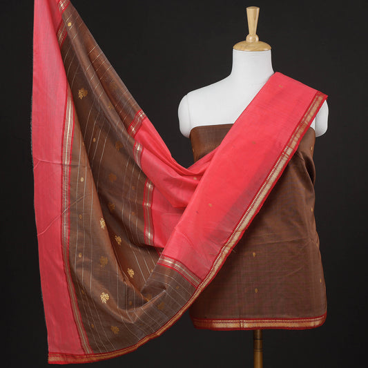 Brown - 3pc Handloom Chanderi Silk Zari Buti Suit Material Set