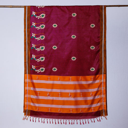 Purple - Khun Weave Cotton Saree with Thread Border
