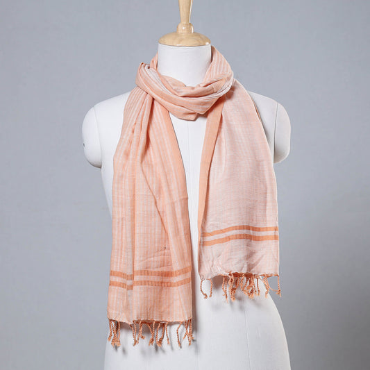 Peach - Mangalagiri Cotton Twill Weave Natural Dyed Handloom Stole with Tassels