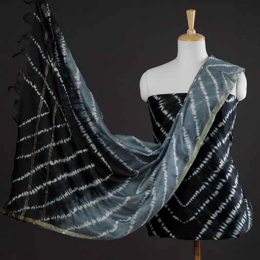 Black - 3pc Shibori Tie-Dye Chanderi Silk Suit Material Set