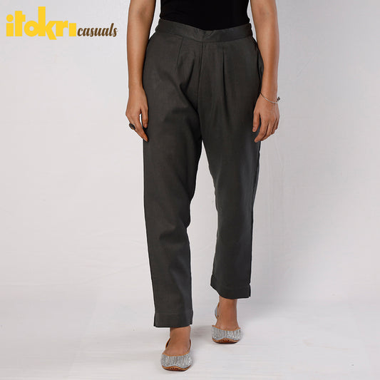 Dark Grey Flex Cotton Tapered Casual Pant for Women