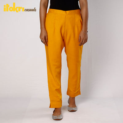 Orange Cotton Tapered Casual Pant for Women