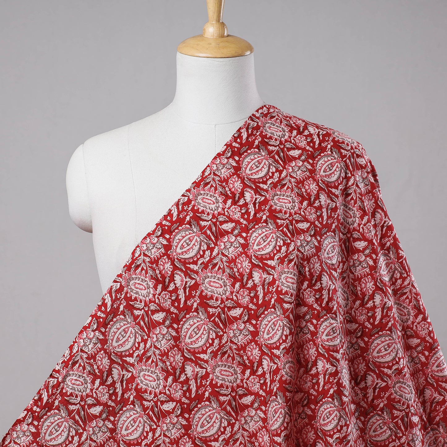 Pomegranate Red Florals Sanganeri Block Printed Cotton Fabric