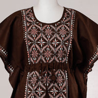 Brown - Bengal Kantha Embroidery Cotton Kaftan with Tie-Up Waist (Long)