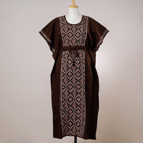 Brown - Bengal Kantha Embroidery Cotton Kaftan with Tie-Up Waist (Long)