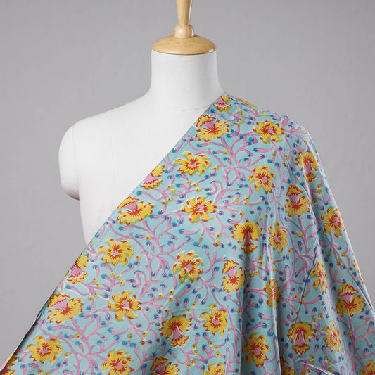 Sky Blue Yellow Phool Jaal Sanganeri Block Printed Cotton Fabric