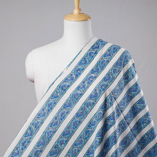 Blue Floral Border Sanganeri Block Printed Cotton Fabric