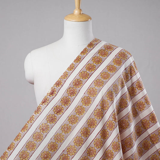 Multicolor - Yellow Flower Striped Sanganeri Block Printed Cotton Fabric
