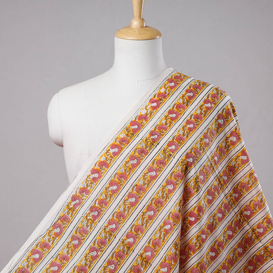Red Floral Striped Yellow Sanganeri Block Printed Cotton Fabric