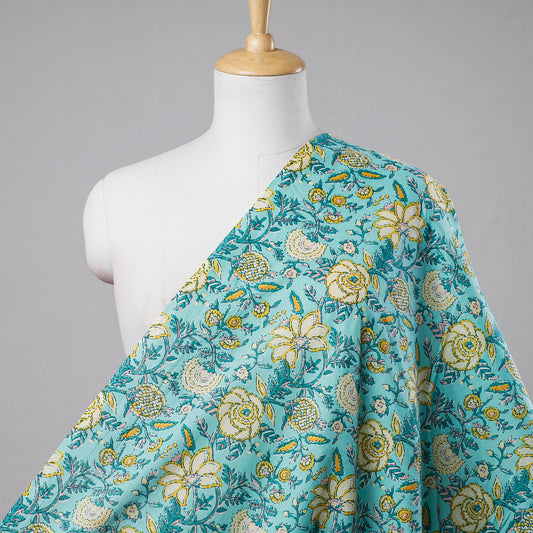 Botanical Yellow Floral On Blue Sanganeri Block Printed Cotton Fabric