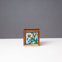 Original Blue Pottery Ceramic Sheesham Wood Napkin Holder
