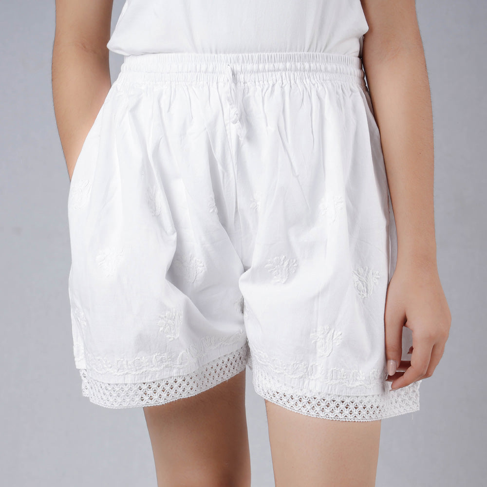 White - Chikankari Embroidery Cotton Short