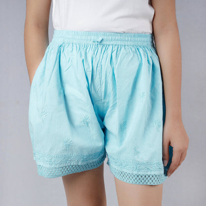 Blue - Chikankari Embroidery Cotton Short