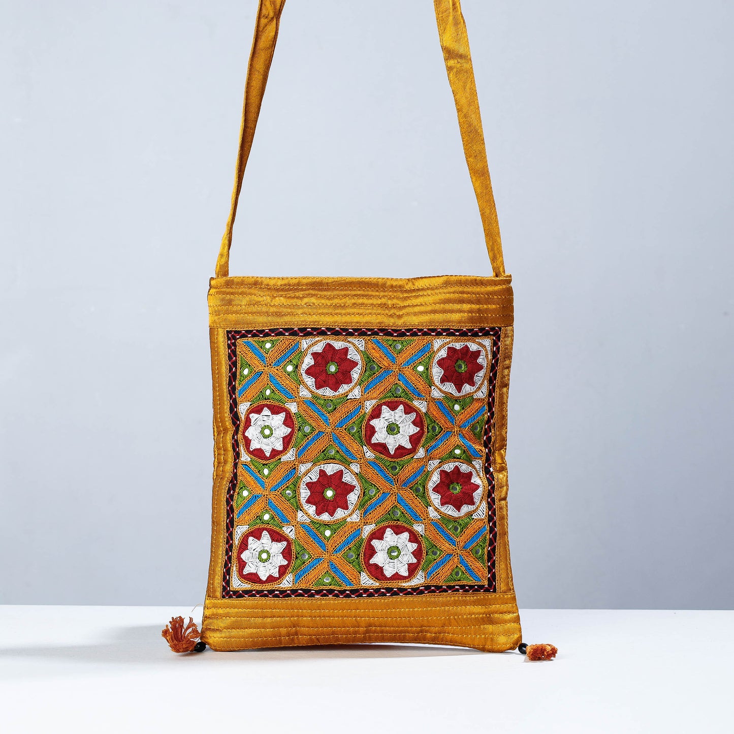 Yellow - Kutch Embroiderey Mirror Work Mashru Silk Sling Bag