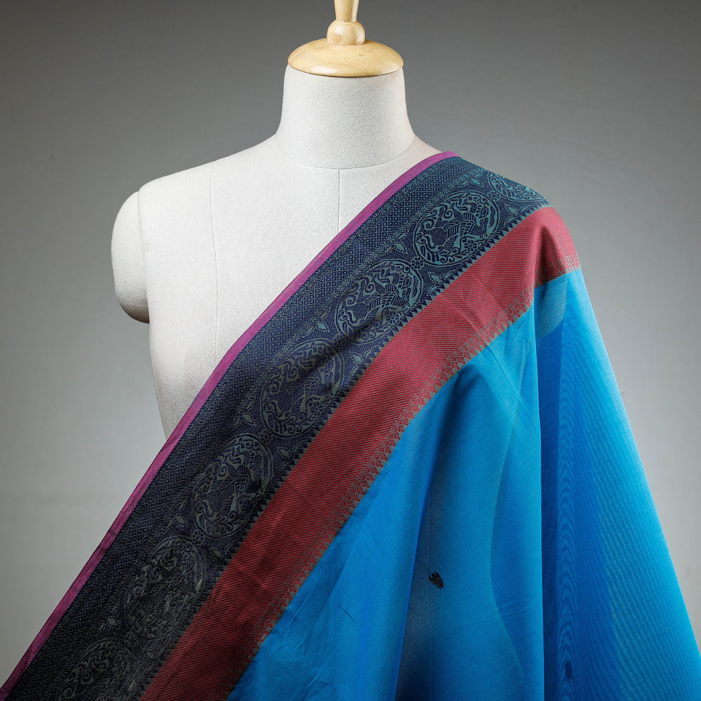 Blue - Kanchipuram Cotton Buti Fabric with Thread Border