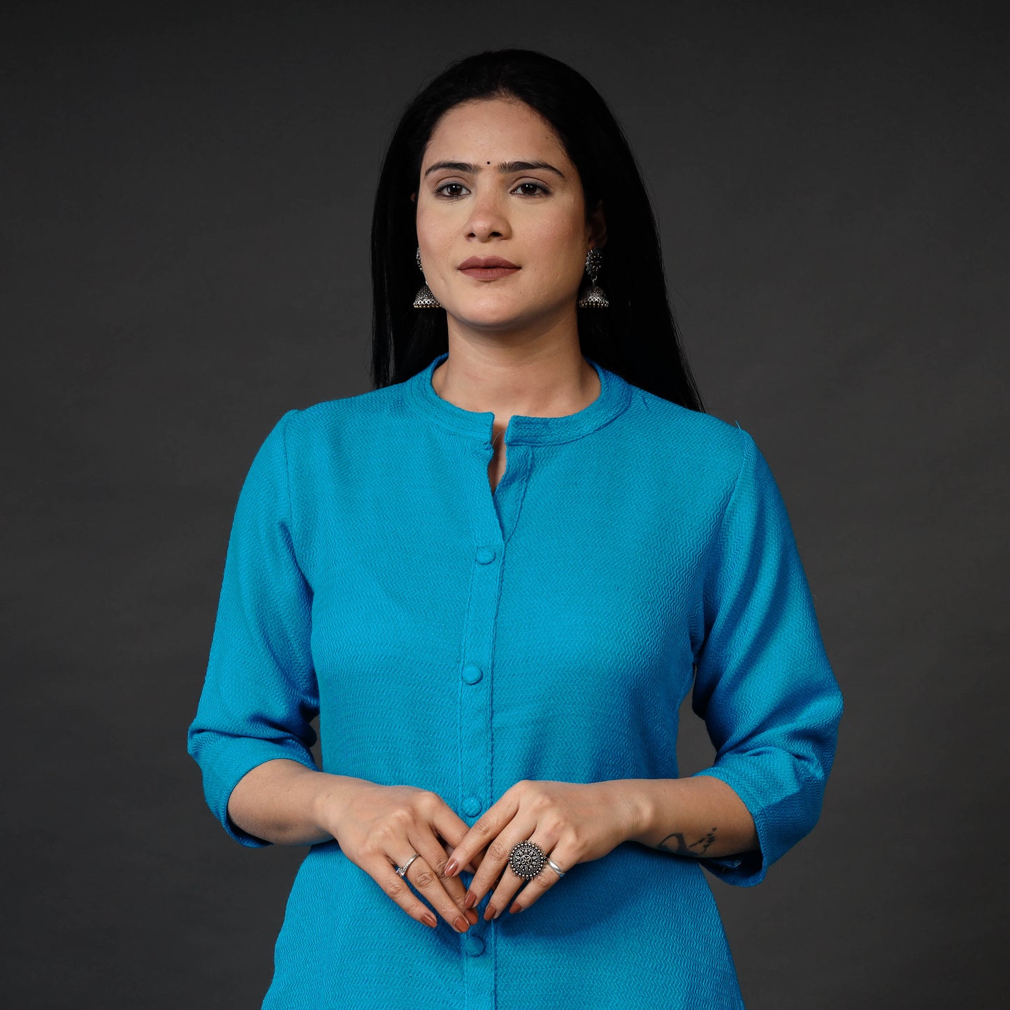 Cerulean Blue Kumaun Handwoven Merino Woolen Long Kurti