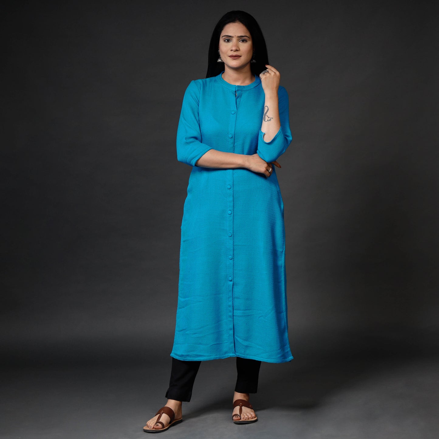 Cerulean Blue Kumaun Handwoven Merino Woolen Long Kurti