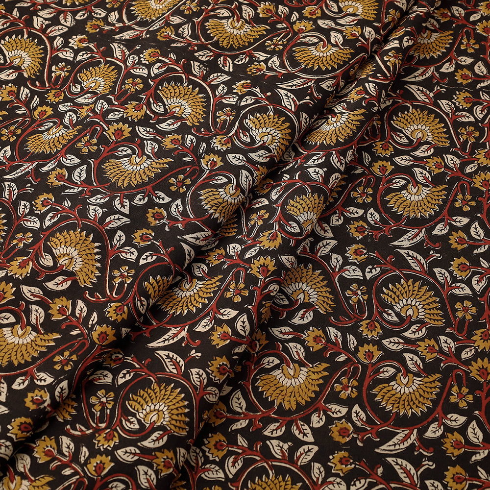 Black - Floral Cluster Bagru Block Print Cotton Fabric