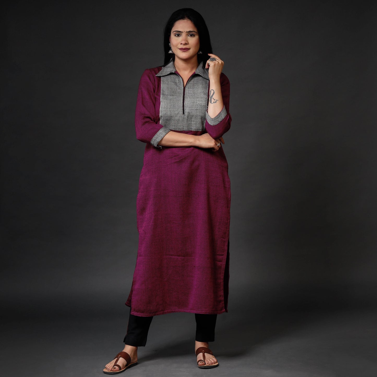 Pink - Dark Purple Kumaun Handwoven Merino Woolen Long Kurti